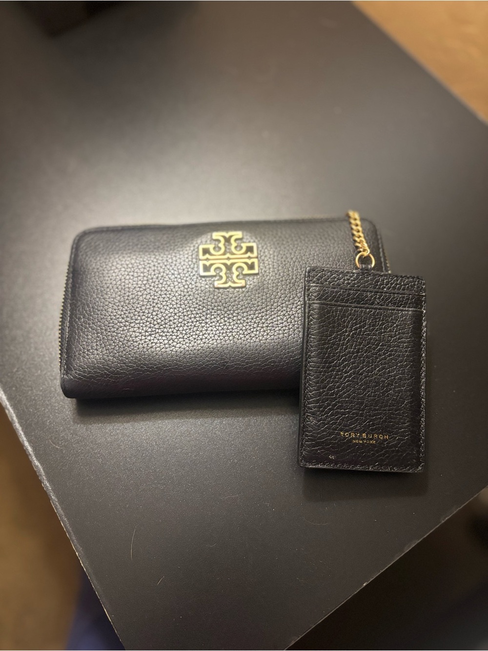 Tory Burch Black Pebbled Leather Zip Wallet with Card Holder and Gold Logo